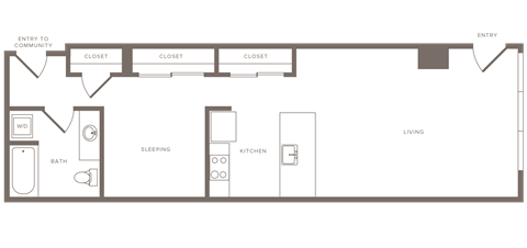 Floor plan for 1 bed, 1 bath, 807 sqft